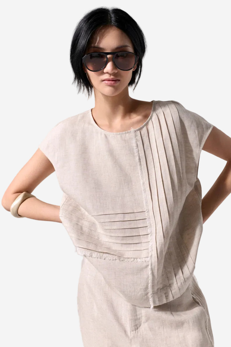 MARCO POLO RAW TEXTURED PINTUCK TOP - STONE - THE VOGUE STORE