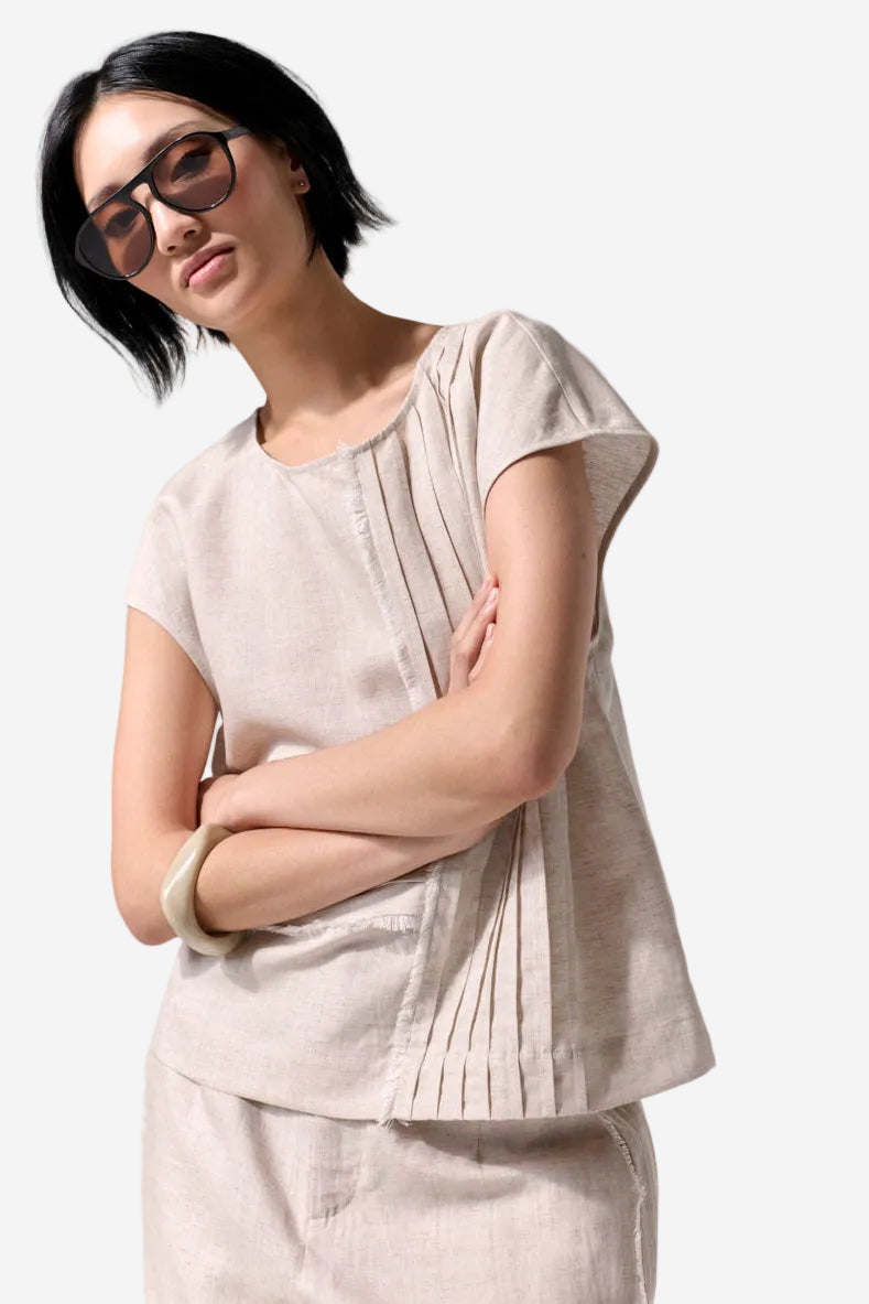 MARCO POLO RAW TEXTURED PINTUCK TOP - STONE - THE VOGUE STORE