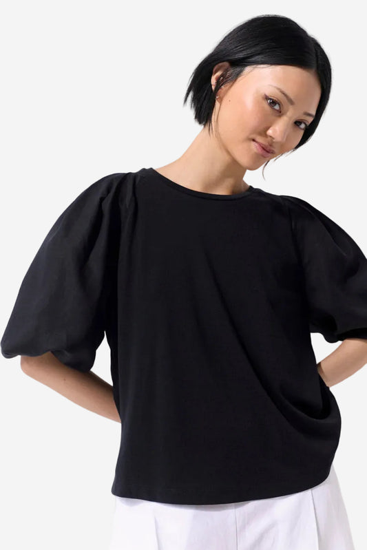 MARCO POLO PINSTITCH GATHERED SLEEVE TEE - BLACK - THE VOGUE STORE