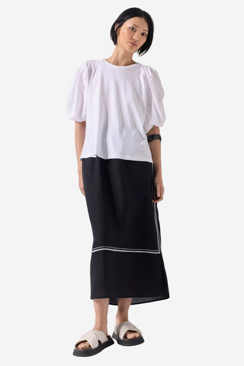 MARCO POLO PINSTITCH GATHERED SLEEVE TEE - WHITE - THE VOGUE STORE