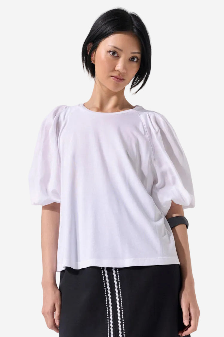 MARCO POLO PINSTITCH GATHERED SLEEVE TEE - WHITE - THE VOGUE STORE