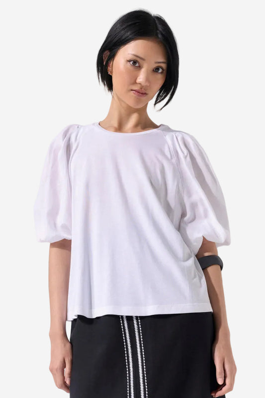 MARCO POLO PINSTITCH GATHERED SLEEVE TEE - WHITE - THE VOGUE STORE