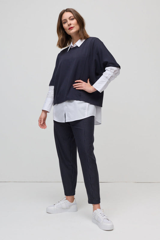 MARCO POLO PINSTRIPE PONTE BARREL PANT - NAVY - THE VOGUE STORE