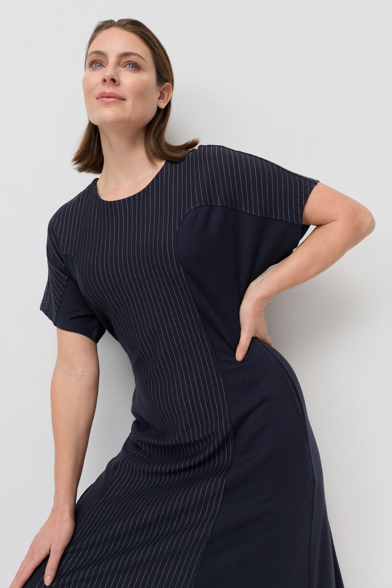 MARCO POLO PINSTRIPE PONTE MIDI DRESS - NAVY - THE VOGUE STORE