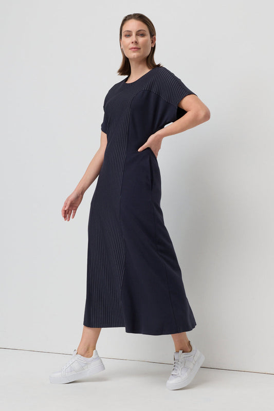 MARCO POLO PINSTRIPE PONTE MIDI DRESS - NAVY - THE VOGUE STORE