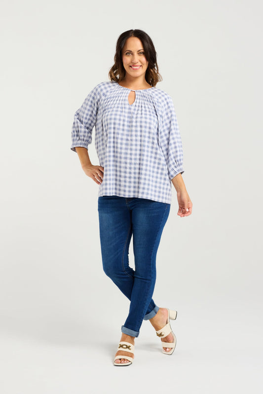 ZAFINA HAZEL TOP - BLUE CHECK - THE VOGUE STORE