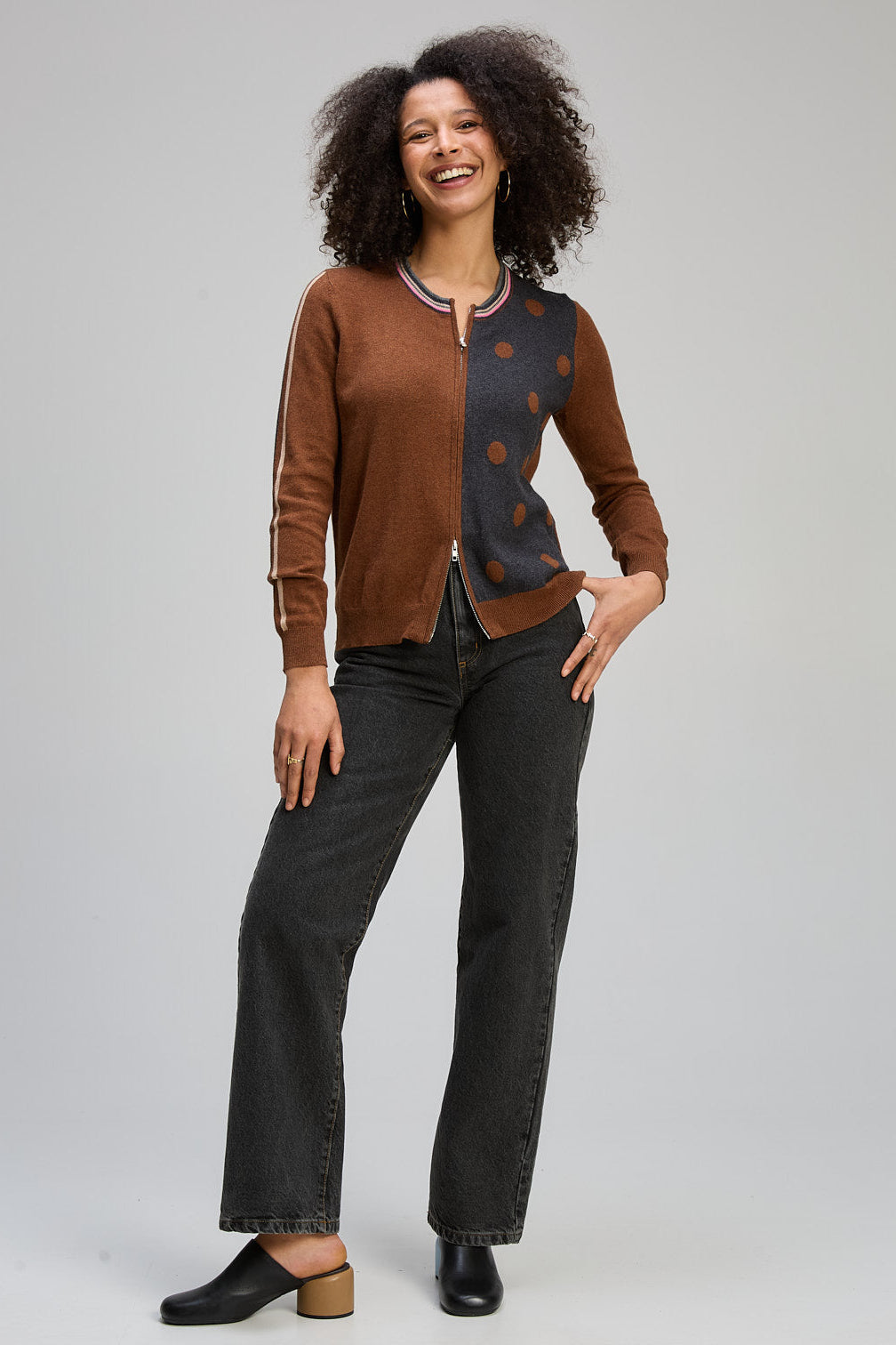 Z&P STRIPE SPOT ZIP UP - COFFEE - THE VOGUE STORE