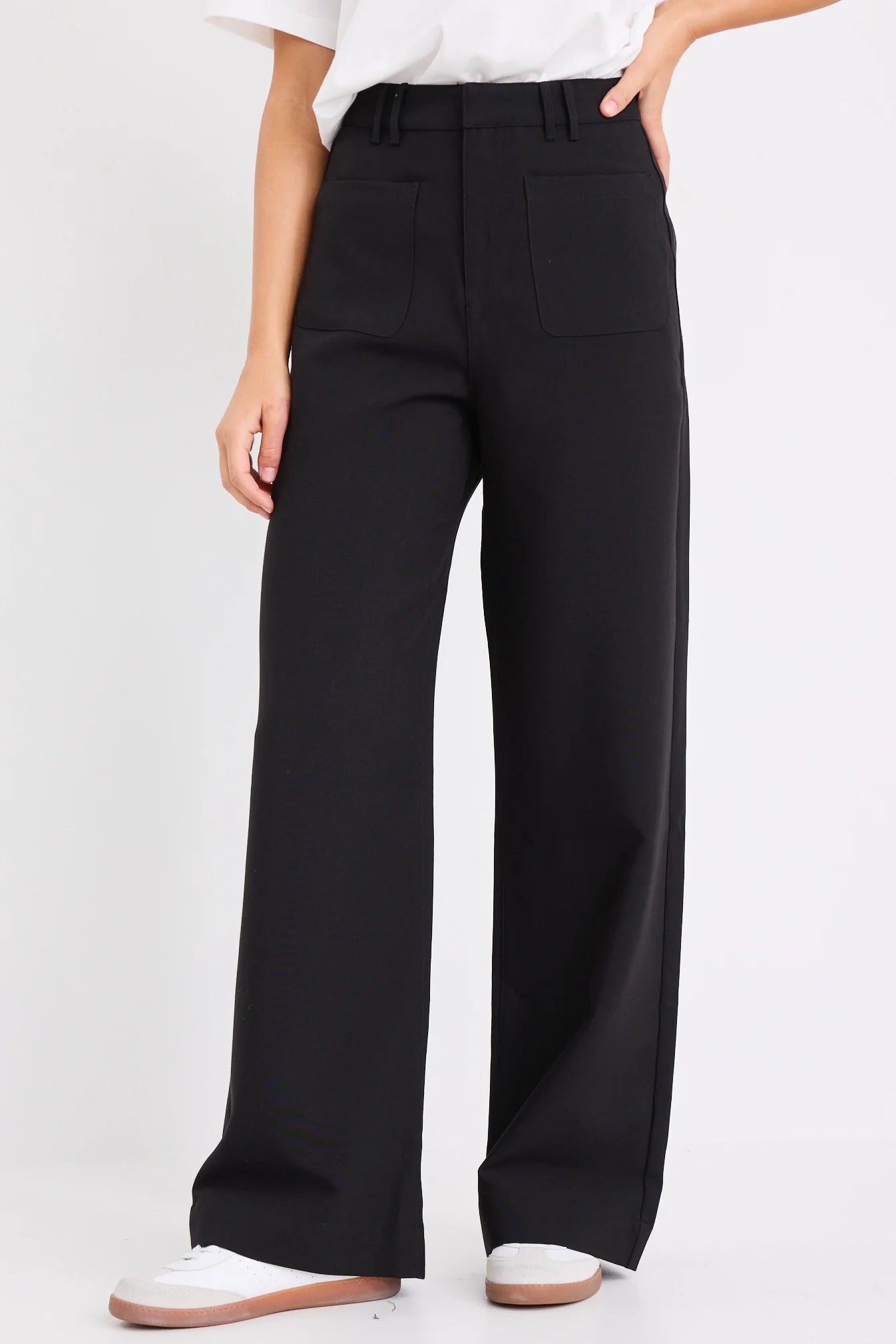 AMONG THE BRAVE ZOEY BLACK TAILORED HIGH RISE WIDE LEG POCKET PANTS - THE VOGUE STORE