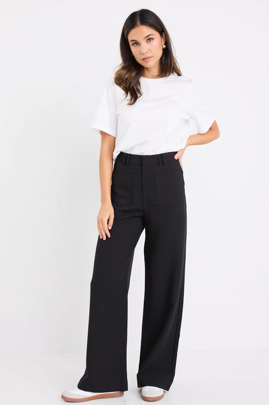 AMONG THE BRAVE ZOEY BLACK TAILORED HIGH RISE WIDE LEG POCKET PANTS - THE VOGUE STORE