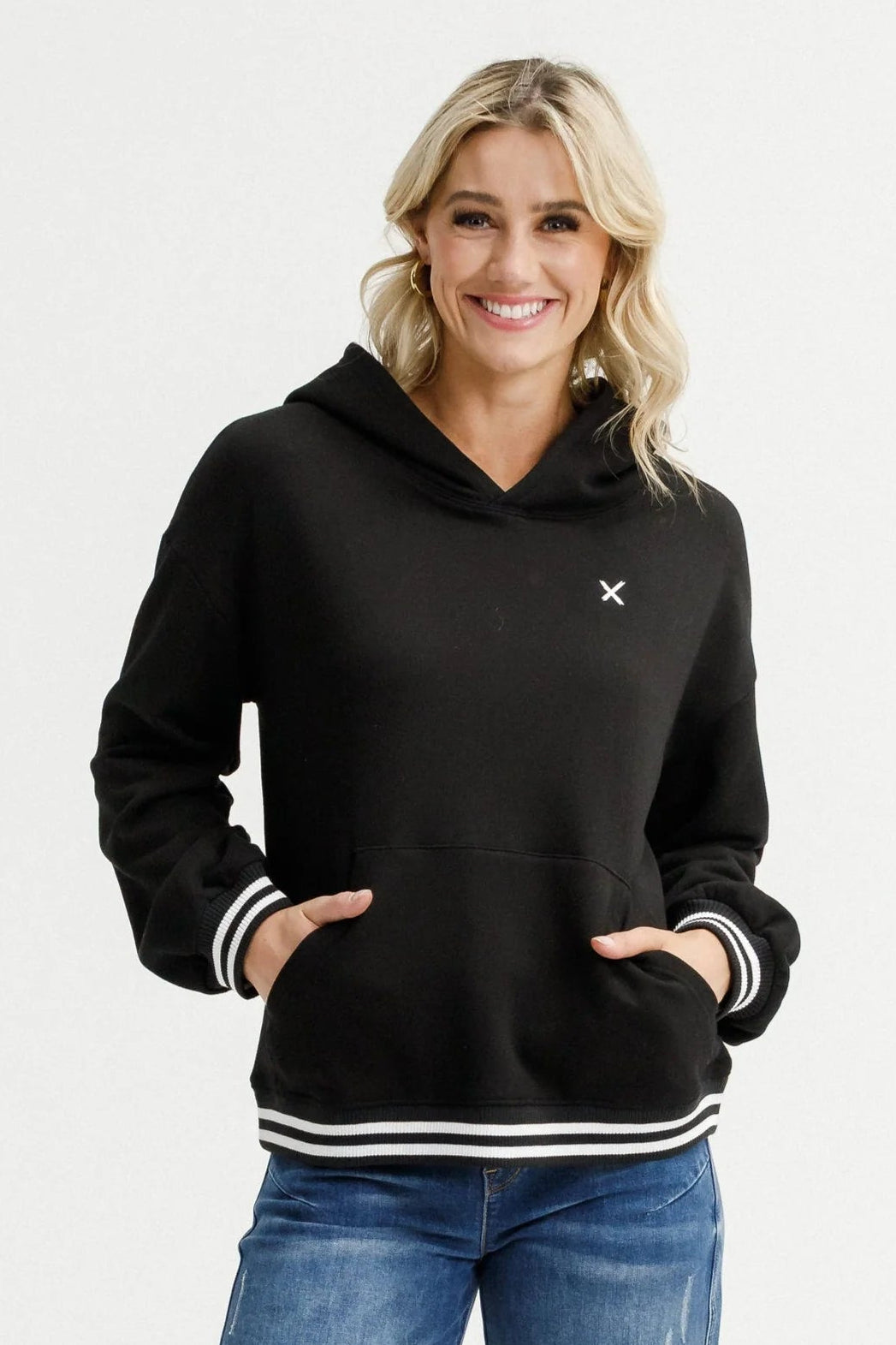 HOMELEE ELLIOT HOODIE - ALPINE WEIGHT BLACK /SILVER X STRIPE CUFFS - THE VOGUE STORE