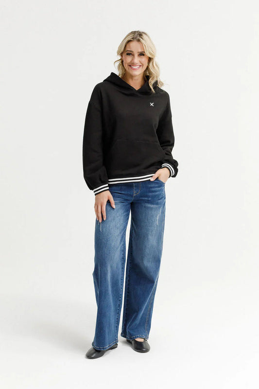 HOMELEE ELLIOT HOODIE - ALPINE WEIGHT BLACK /SILVER X STRIPE CUFFS - THE VOGUE STORE