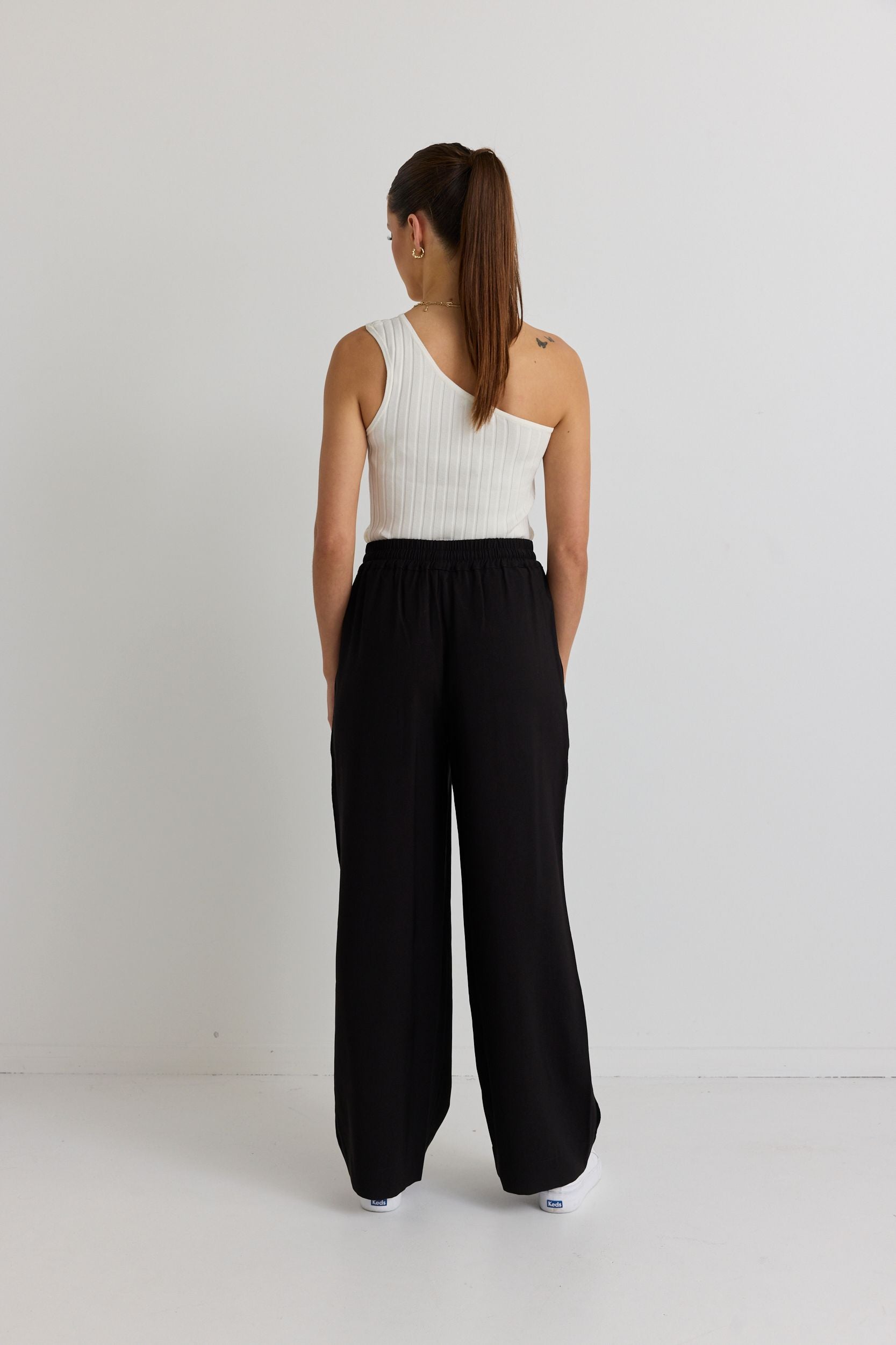 STORIES TO BE TOLD TOWNIE ONYX VELVET STRIPE SIDE WIDE LEG PANTS - THE VOGUE STORE