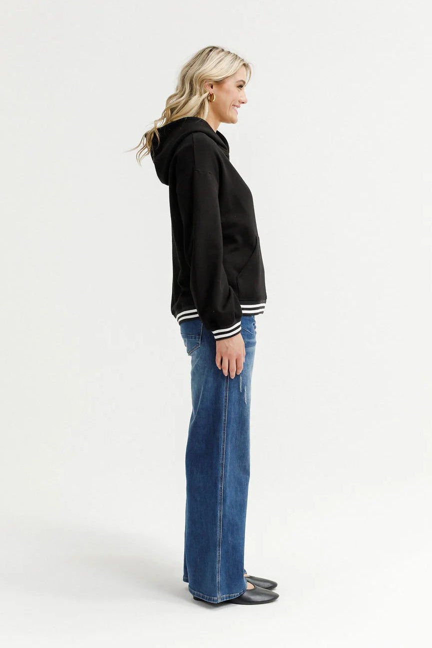 HOMELEE ELLIOT HOODIE - ALPINE WEIGHT BLACK /SILVER X STRIPE CUFFS - THE VOGUE STORE