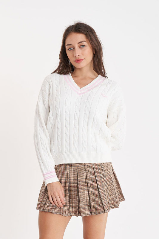 HUFFER V-NECK CABLE KNIT SWEATER - CHALK - THE VOGUE STORE
