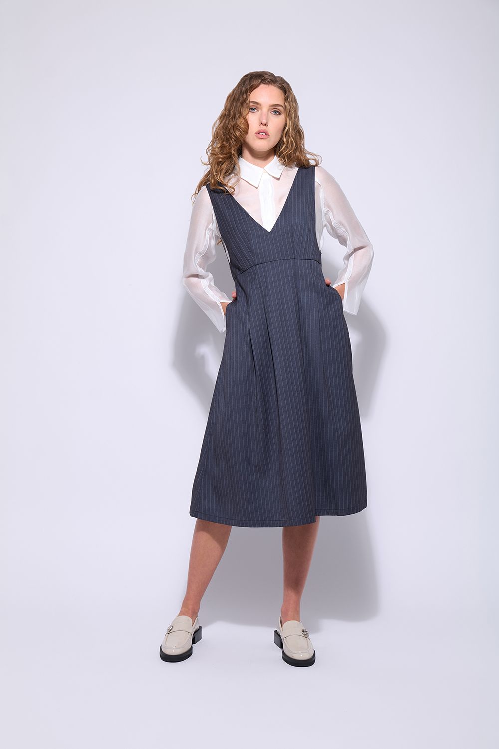 NERIS THE HEPBURN PINAFORE - STEEL STRIPE - THE VOGUE STORE