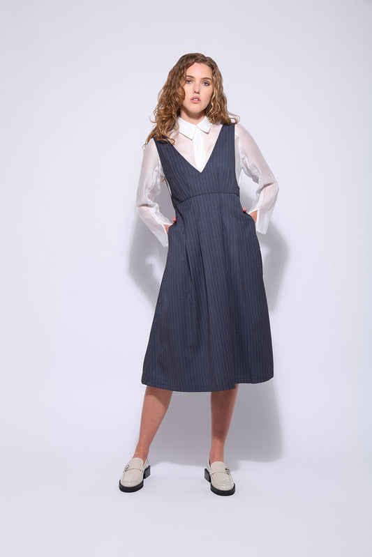 NERIS THE HEPBURN PINAFORE - STEEL STRIPE - THE VOGUE STORE