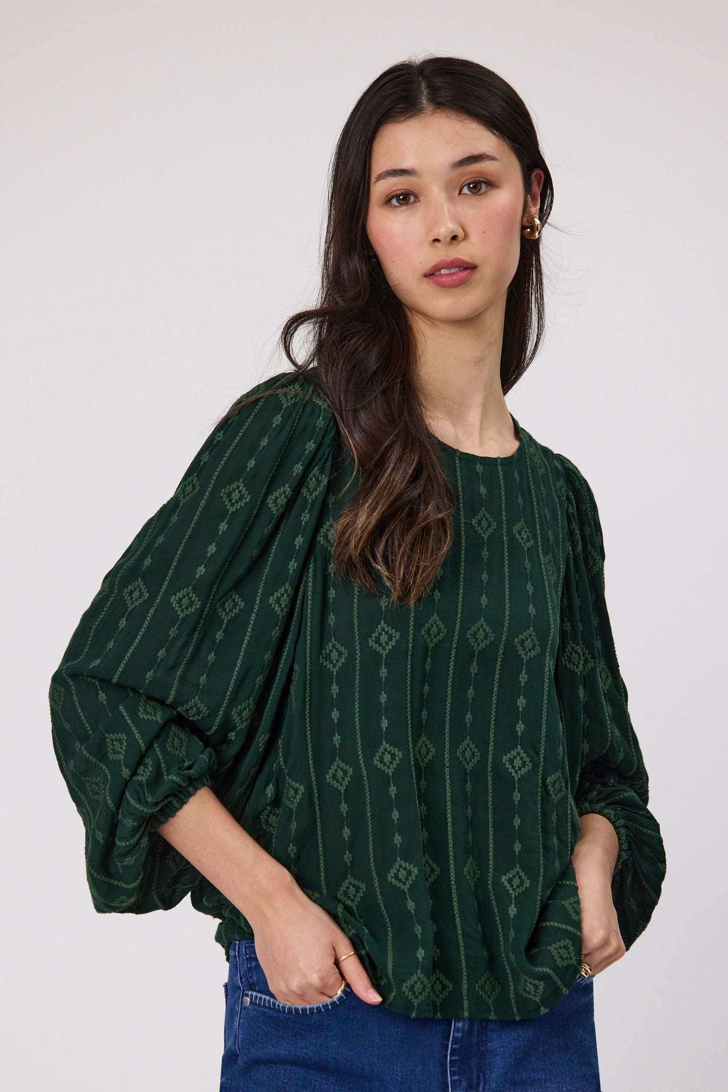 DUO ELIZA EMBROIDERED BLOUSE - FOREST - THE VOGUE STORE