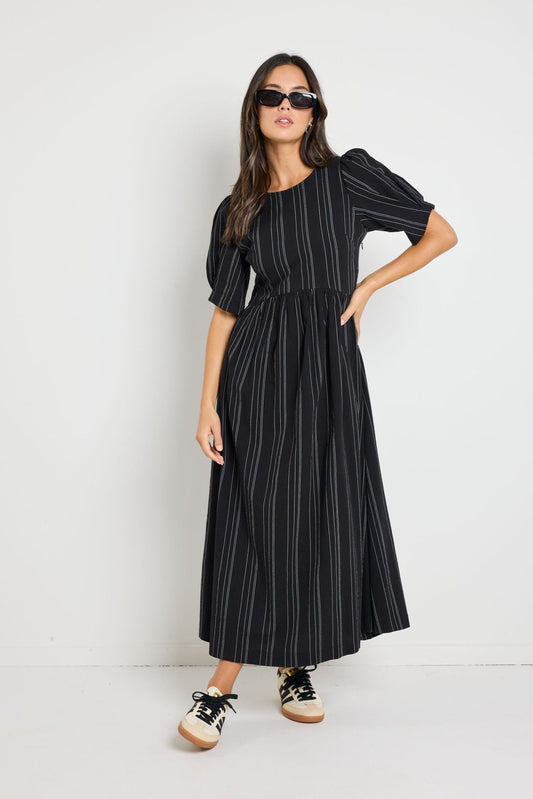 RE:UNION THE LABEL HEMISPHERE BLACK STRIPE SHORT SLEEVE RELAXED MIDI DRESS - THE VOGUE STORE