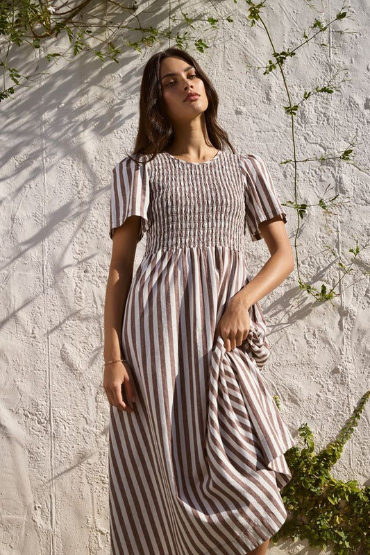 RE:UNION WREN COTTON SS SHIRRED BODICE MIDI DRESS - CHOCOLATE STRIPE - THE VOGUE STORE