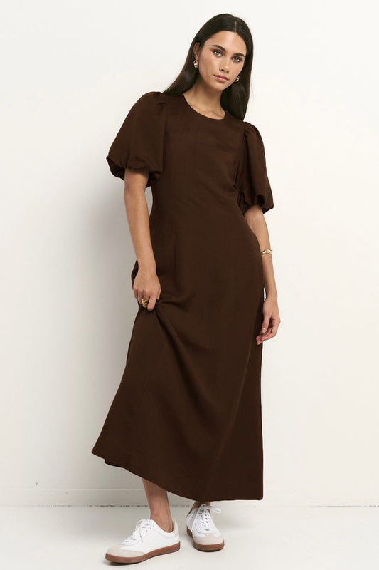 RE:UNION INDULGENT PUFF SLEEVE RELAXED MIDI DRESS - CHOCOLATE - THE VOGUE STORE