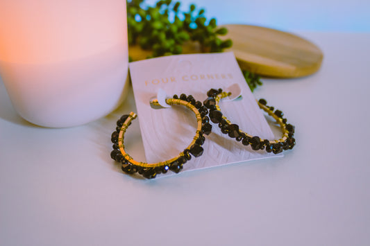 FOUR CORNERS EARRINGS - GOLD WITH BLACK BEADS