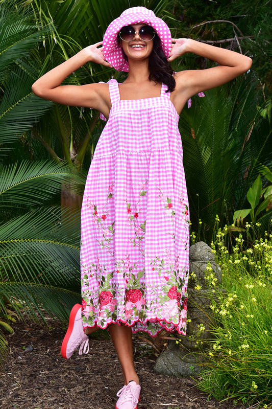 CURATE STRAP HAPPY DRESS - PINK CHECK